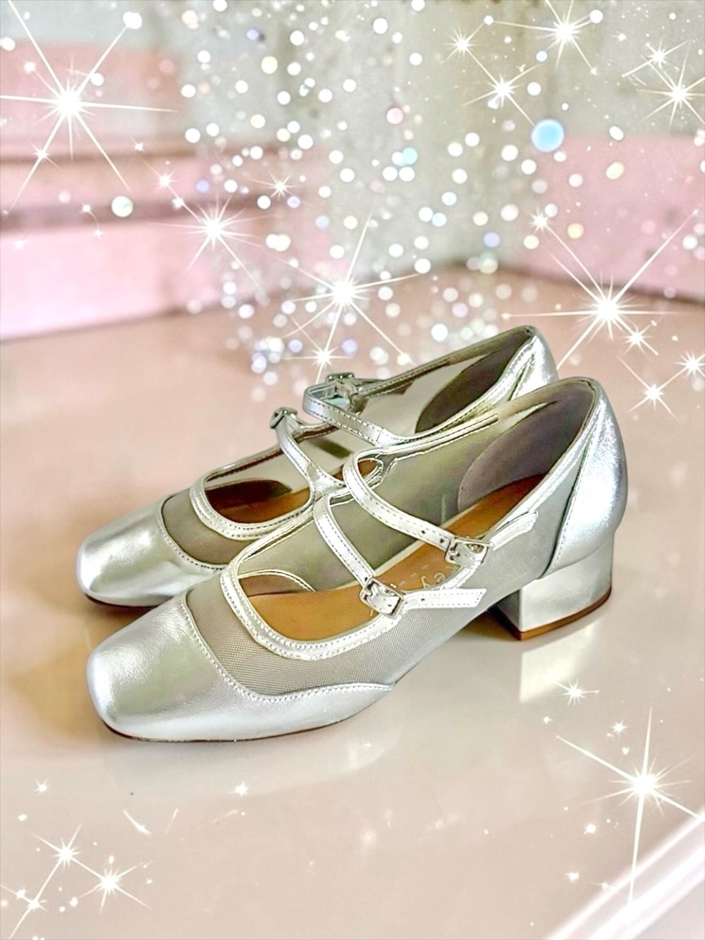 Copper Key Double‑Strap Heels 👠Silver Girls 4M Leather Upper Like New